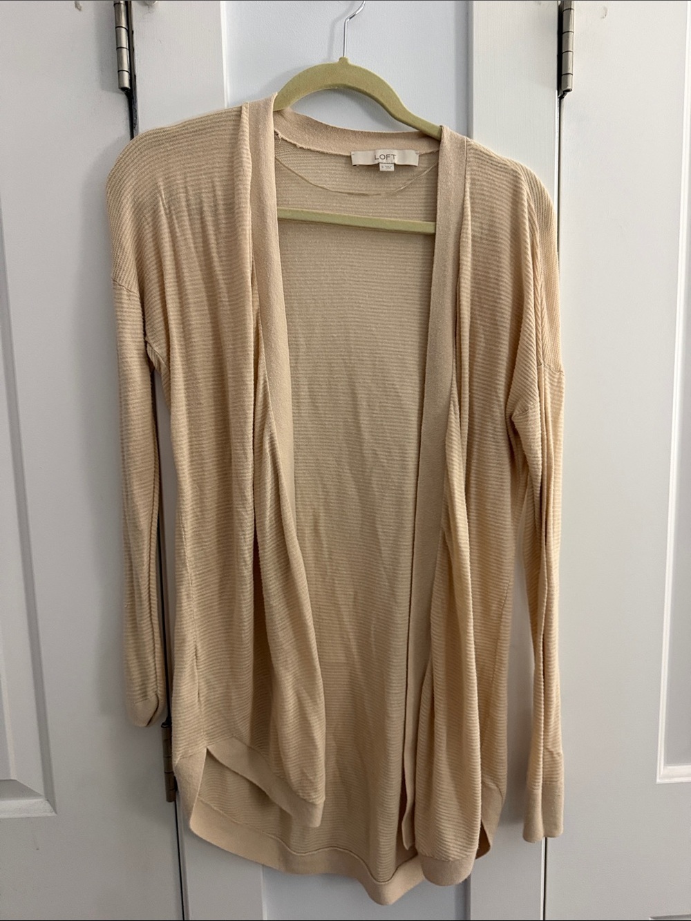 LOFT Beige Open-Front Lightweight Ribbed Cardigan